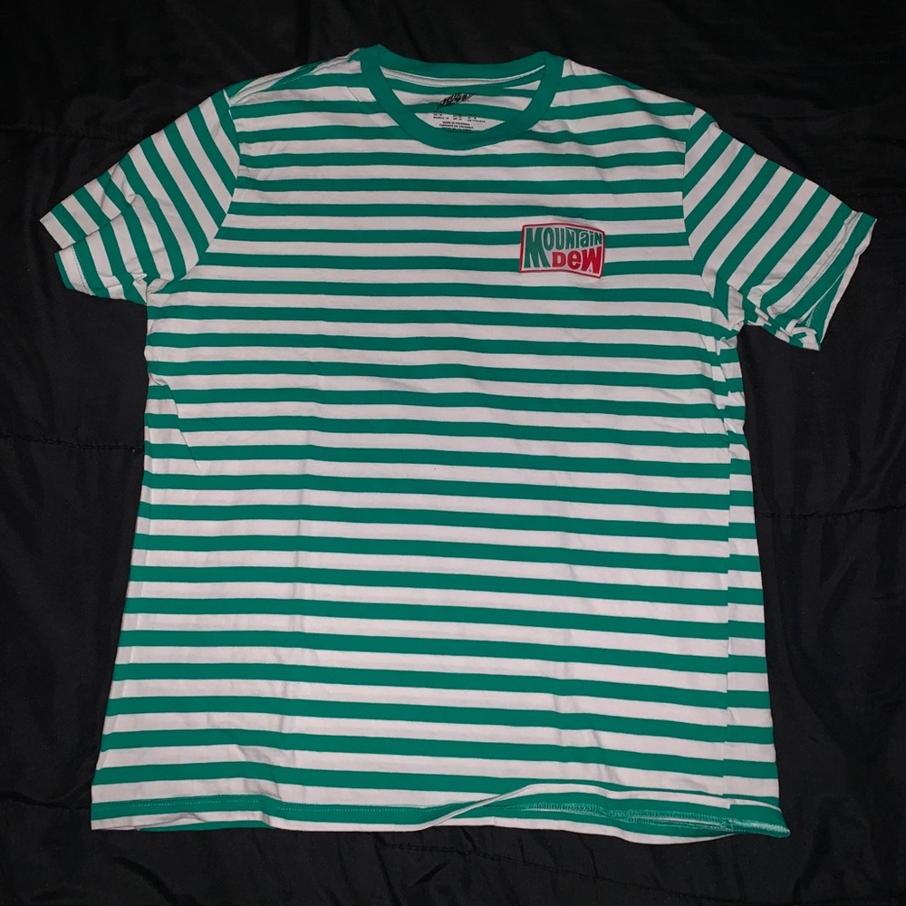 White and Green striped shirt w/ Mtn Dew design